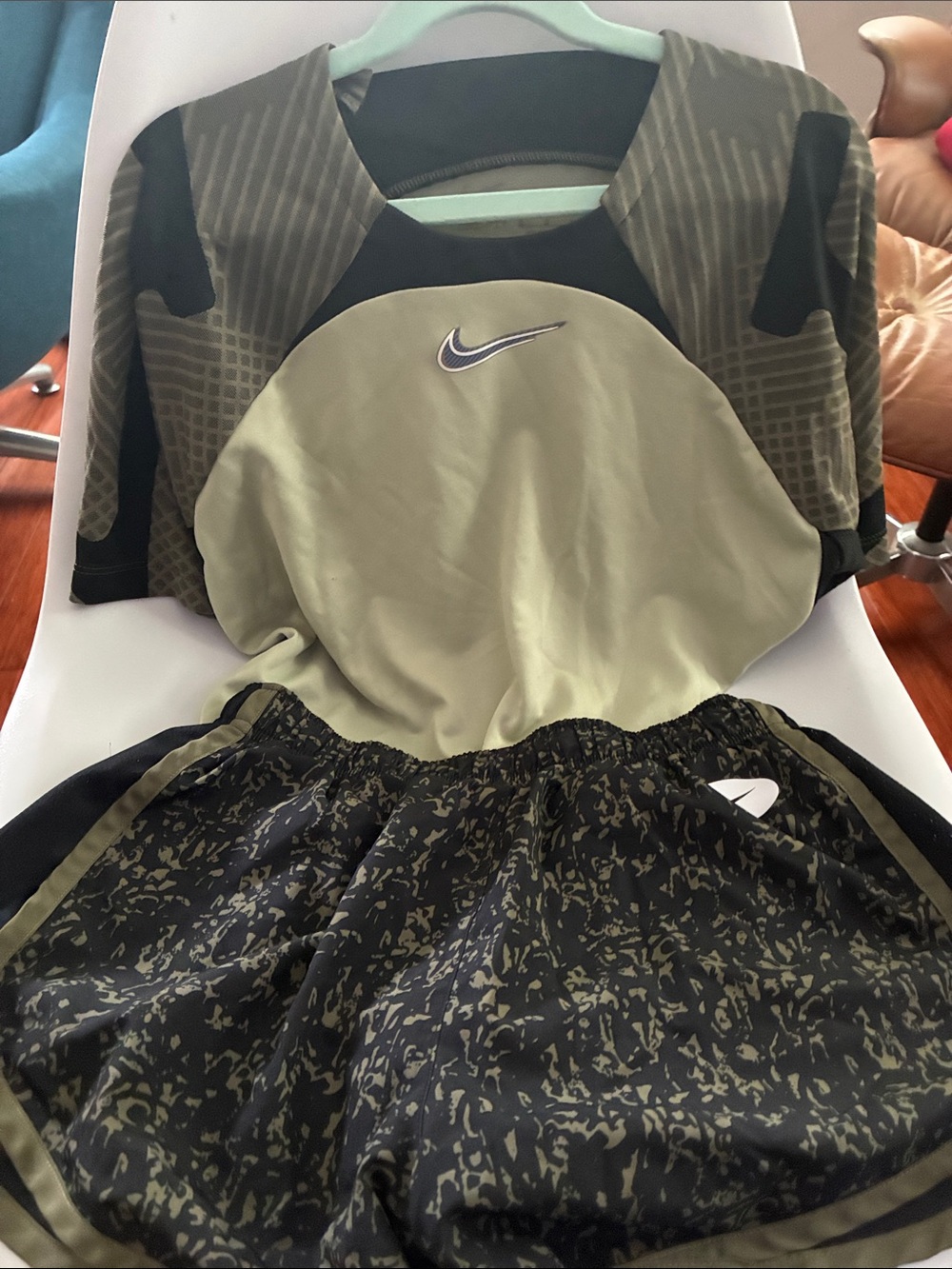 Nike Olive Green and Black Athletic Top with Matching Shorts